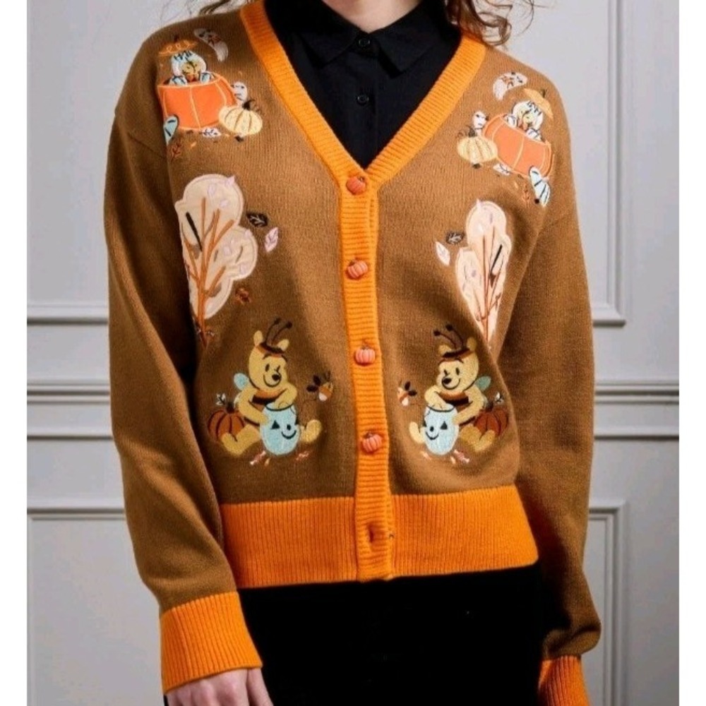 NEW Disney Winnie The Pooh Pumpkins Embroidered FALL Women's Cardigan Medium - Picture 2 of 3